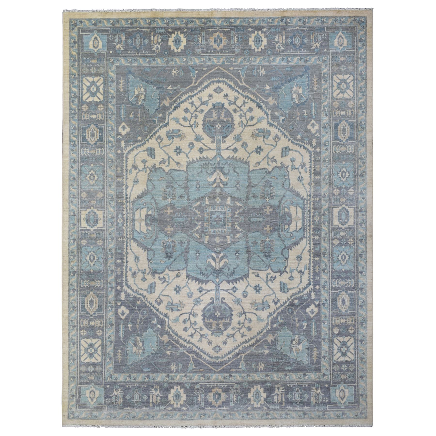 9'1"x11'9" Ivory, Hand Knotted Fine Peshawar with Heriz Serapi Design, Densely Woven Afghan Wool, Oriental Rug 